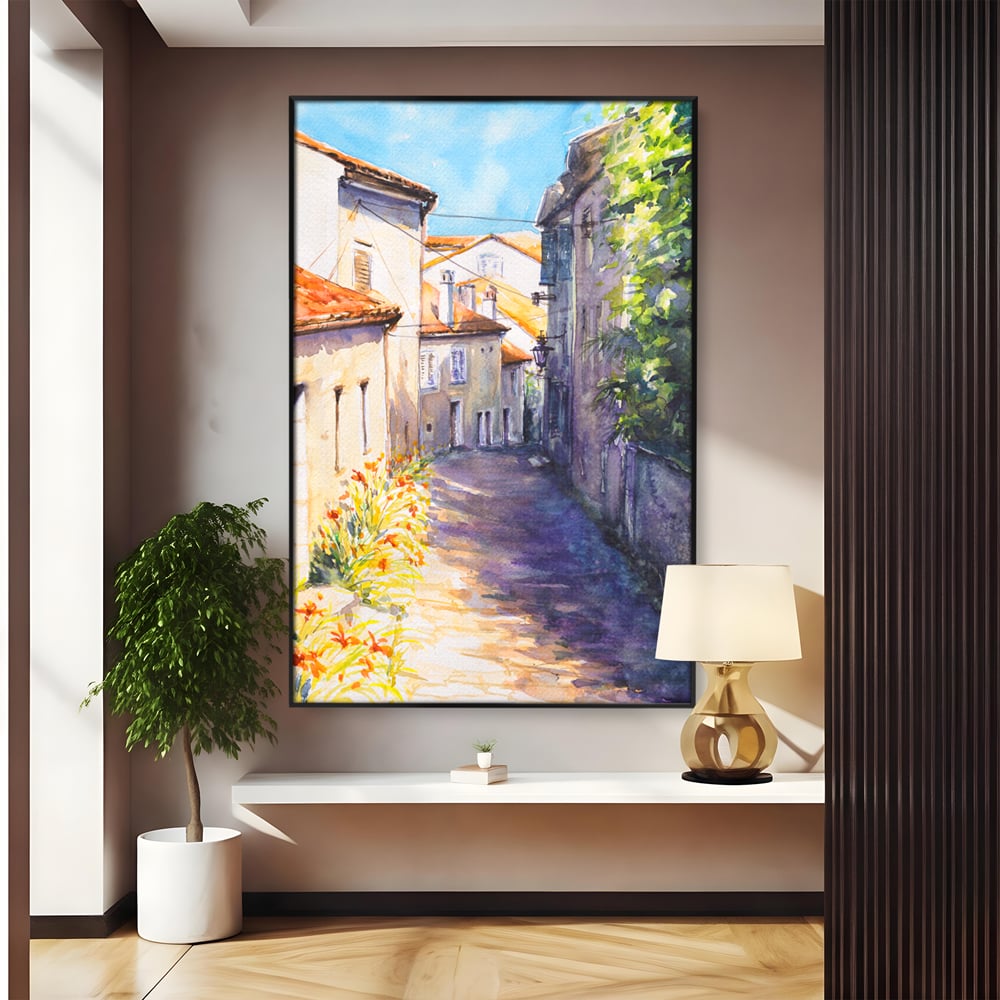 Tablou canvas cu pictura acuarela straduta insorita, in rama de aluminiu negru